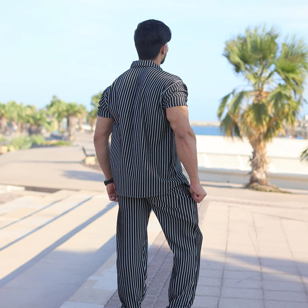 Linen Black Cord Set with white stripes