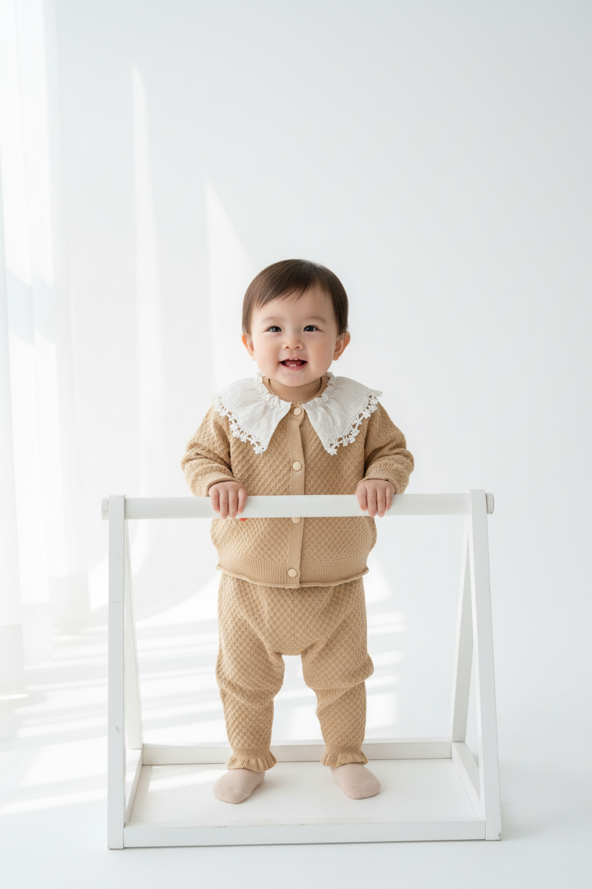 Kids Camel Tan Set with Lace Collar