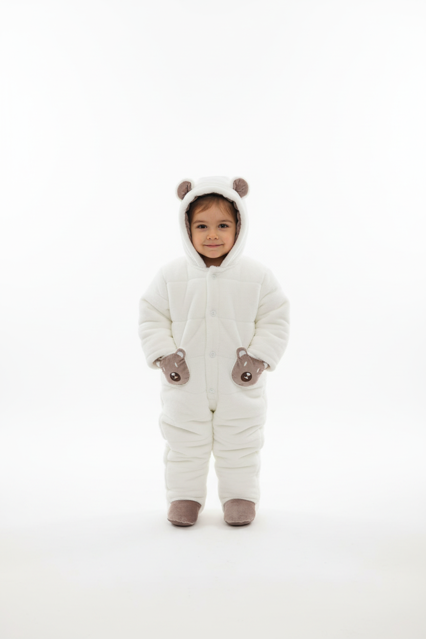 Kids Winter Romper - Blue & Beige Hooded Jumpsuit