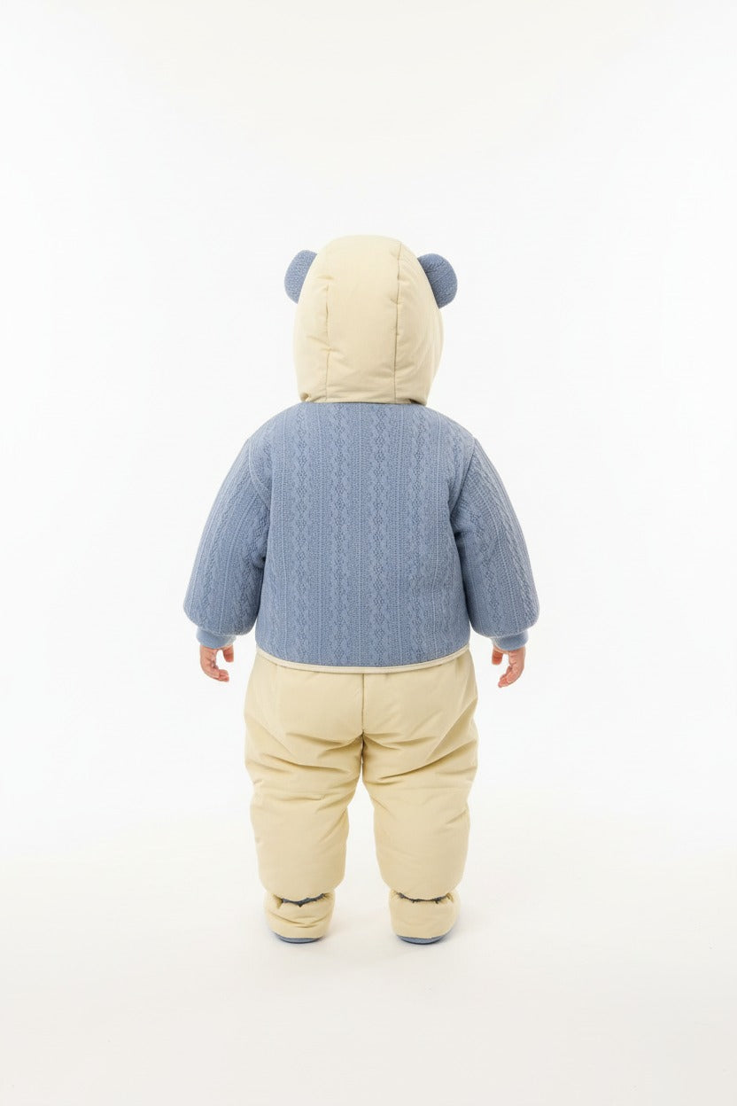 Kids Winter Romper - Blue & Beige Hooded Jumpsuit