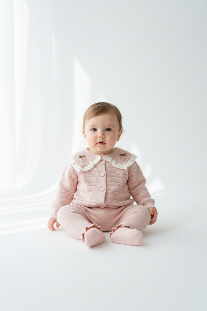 Kids Pink knit set with Bear Embellishments