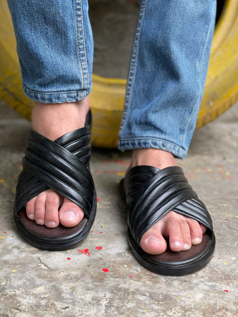 Ugur Hand Made LEATHER  Cross Black Chappal with Rubber sole