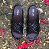 Ugur Hand Made LEATHER  Cross Black Chappal with Rubber sole