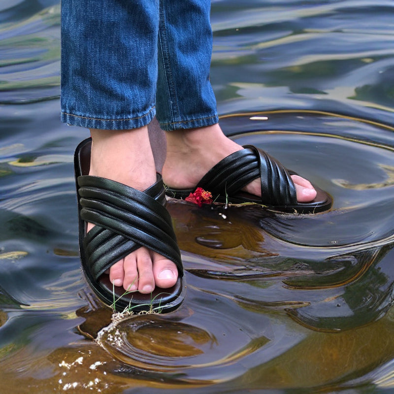 Ugur Hand Made LEATHER  Cross Black Chappal with Rubber sole