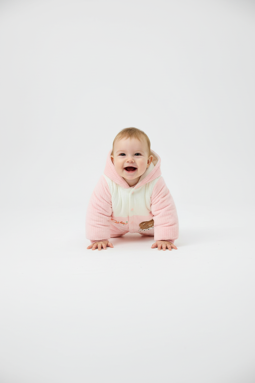 Kids Winter Romper - Pink and White Hooded Jumpsuit