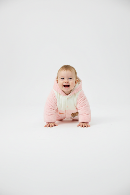 Kids Winter Romper - Pink and White Hooded Jumpsuit