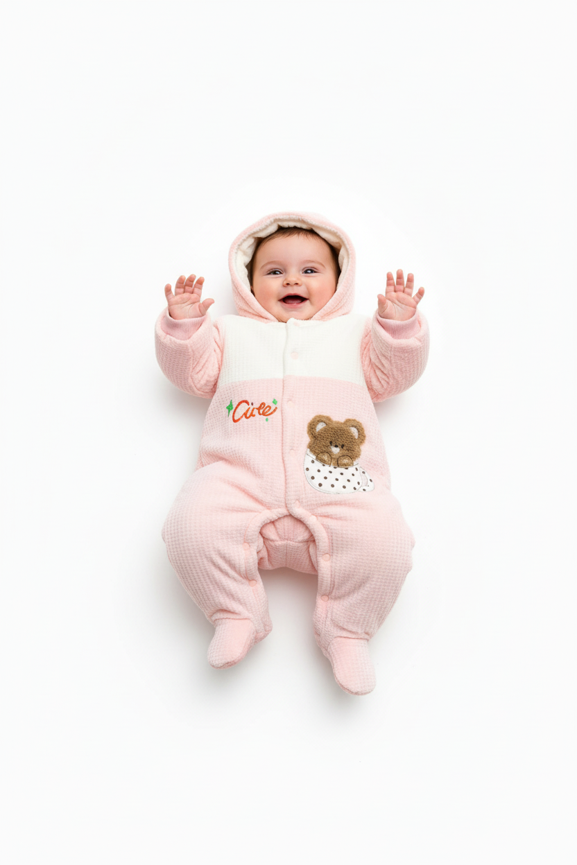 Kids Winter Romper - Pink and White Hooded Jumpsuit