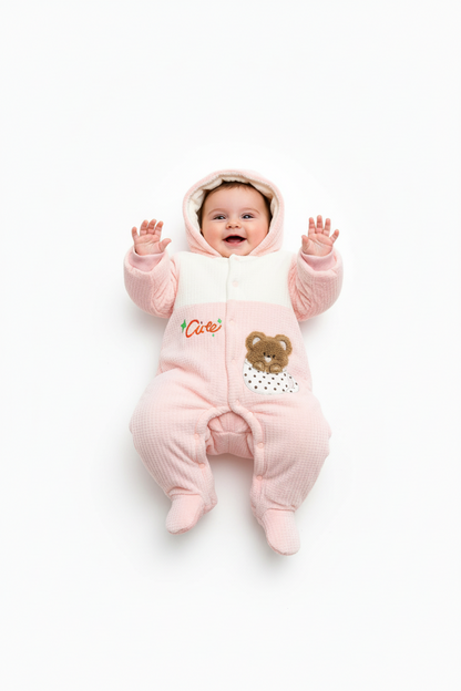 Kids Winter Romper - Pink and White Hooded Jumpsuit