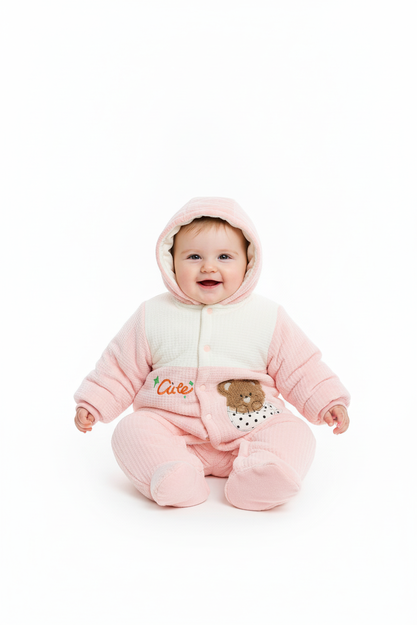 Kids Winter Romper - Pink and White Hooded Jumpsuit