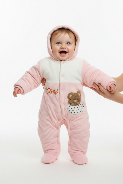 Kids Winter Romper - Pink and White Hooded Jumpsuit