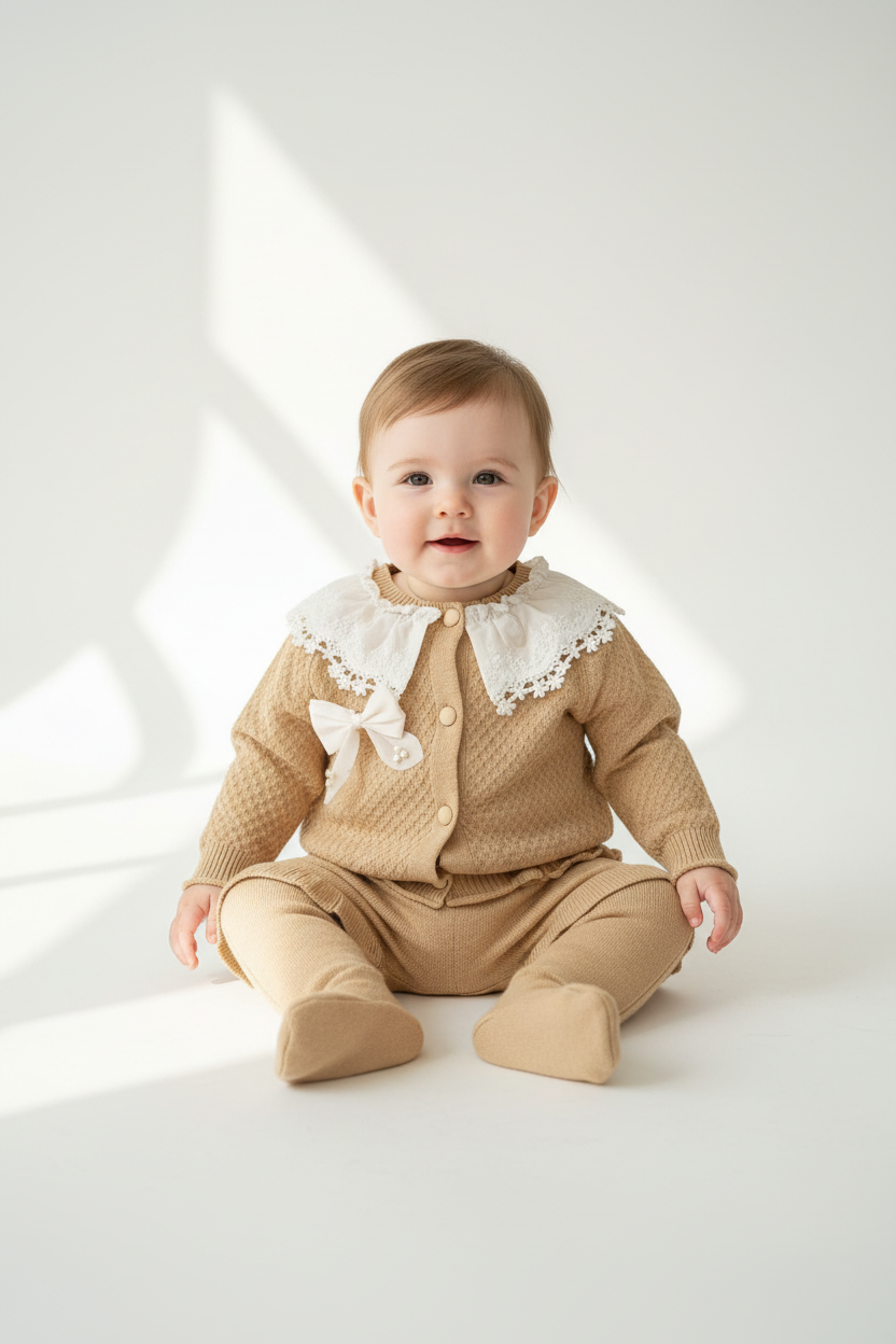 Kids Camel Tan Set with Lace Collar