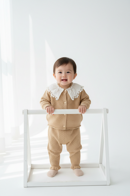 Kids Camel Tan Set with Lace Collar