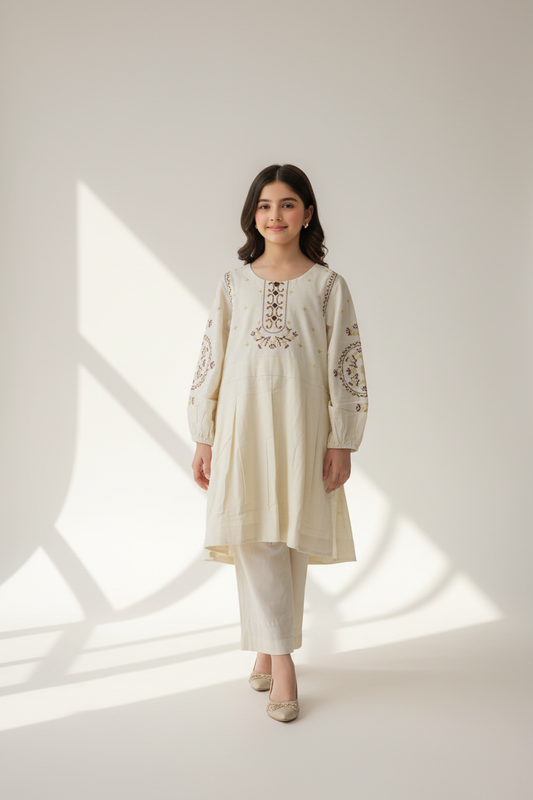 Girls Embroidered Corduroy Outfit - Cream