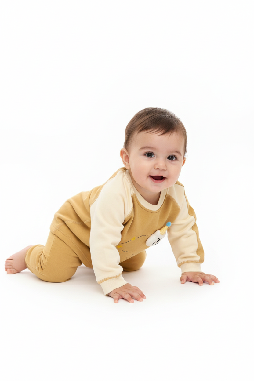 Child playing in mustard yellow romper - playful pose