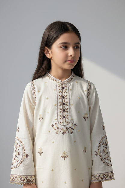 Girls Embroidered Corduroy Outfit - Cream