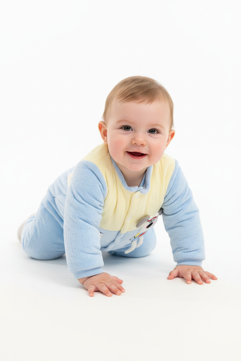 Kids Winter Romper - Blue & Beige Hooded Jumpsuit BROWN