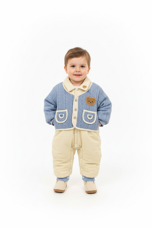 Kids Winter Romper - Blue & Beige Hooded Jumpsuit