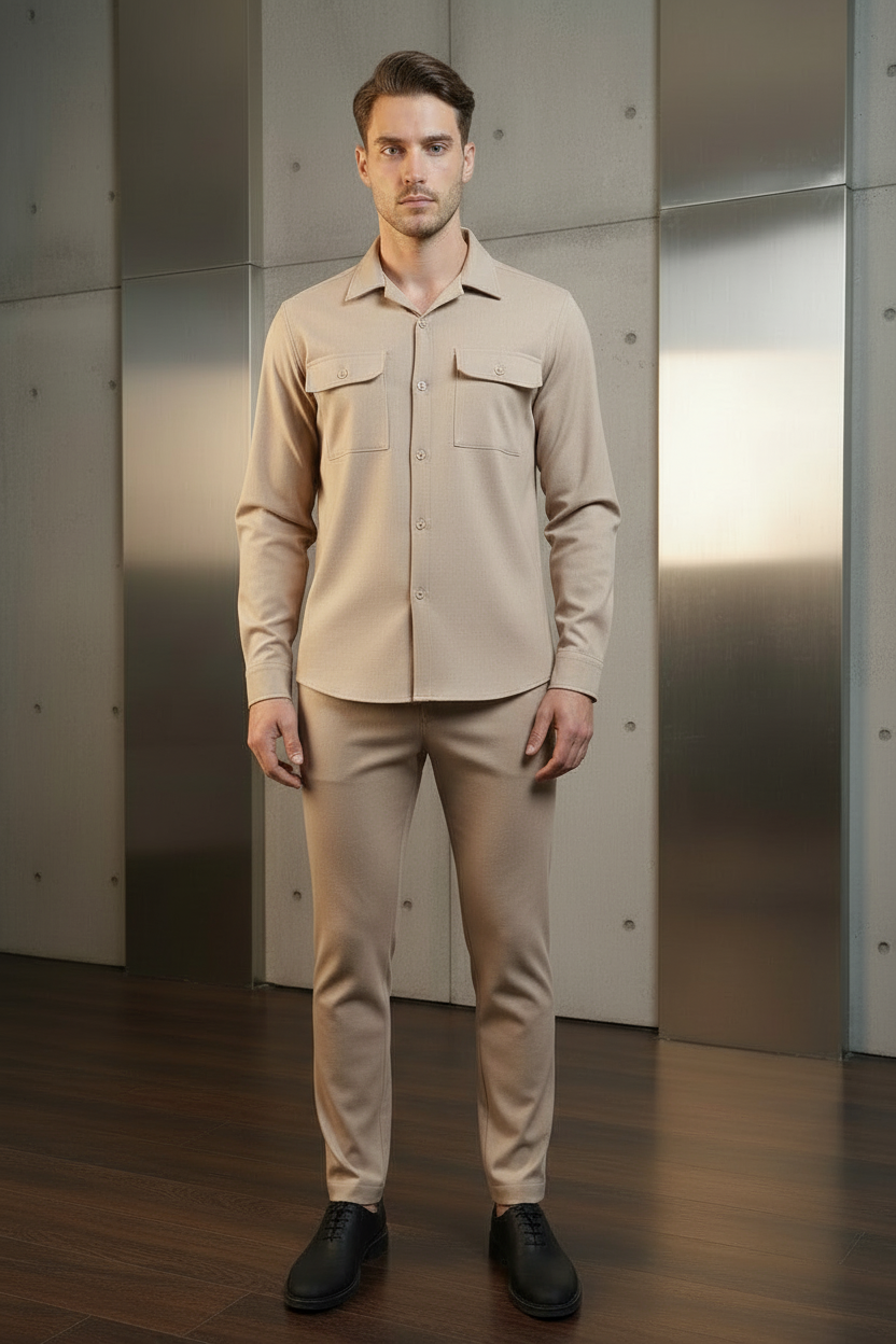 Premium Pocket Style Textured Men's Co-ord Set - Beige