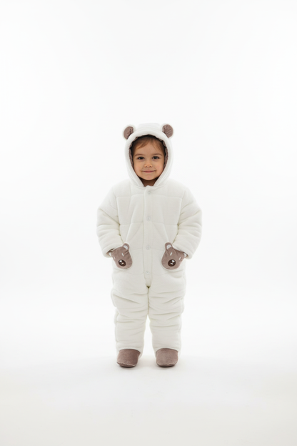 Kids Winter Romper - Blue & Beige Hooded Jumpsuit