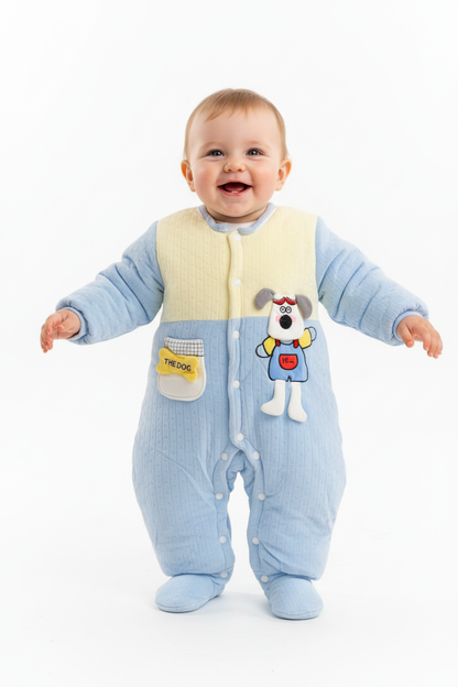 Kids Winter Romper - Blue & Beige Hooded Jumpsuit BROWN