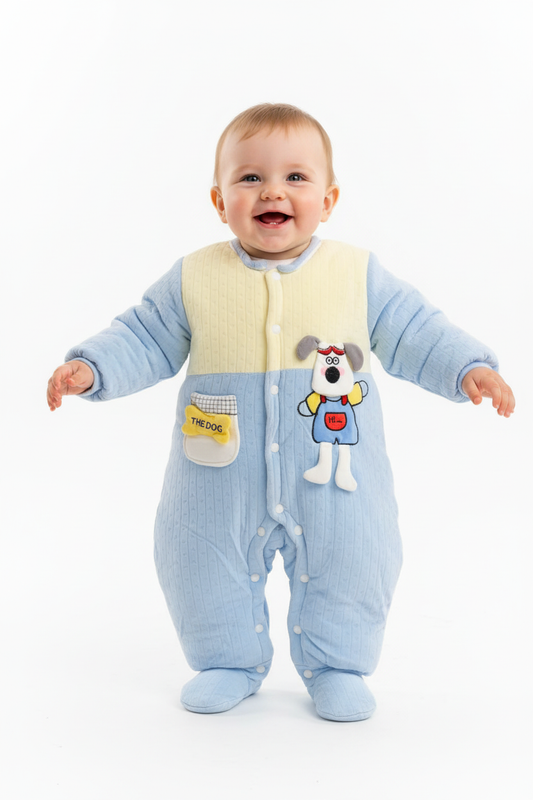 Kids Winter Romper - Blue & Beige Hooded Jumpsuit BROWN