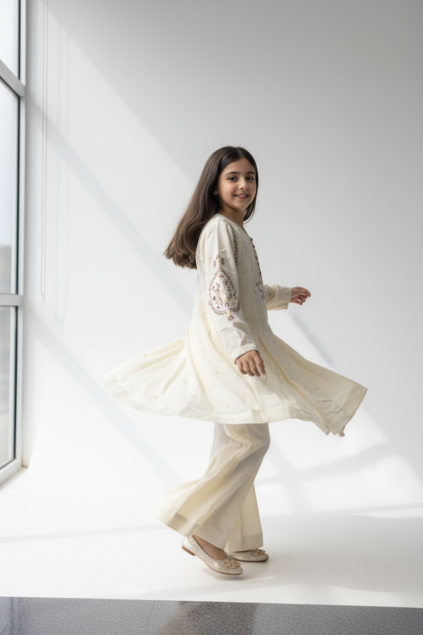 Girls Embroidered Corduroy Outfit - Cream