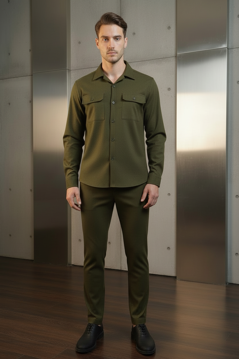 Premium Pocket Style Textured Men's Co-ord Set - Olive Green