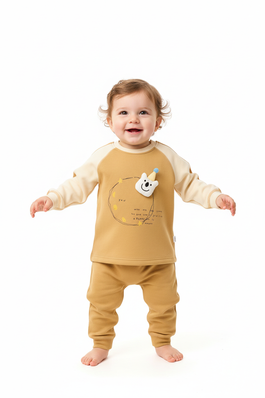 Child standing in mustard yellow romper - front view