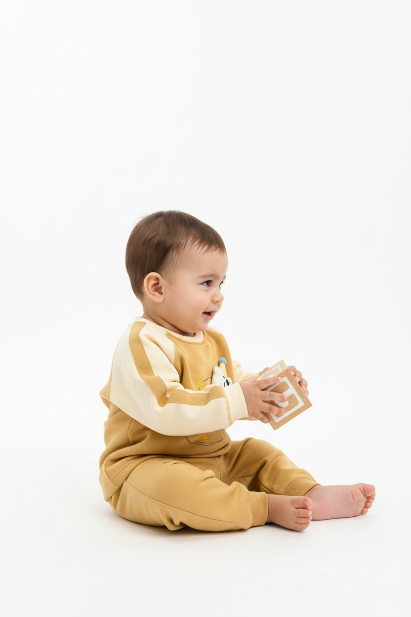 Child sitting in mustard yellow romper - side view