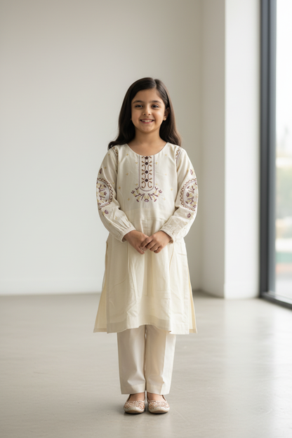 Girls Embroidered Corduroy Outfit - Cream