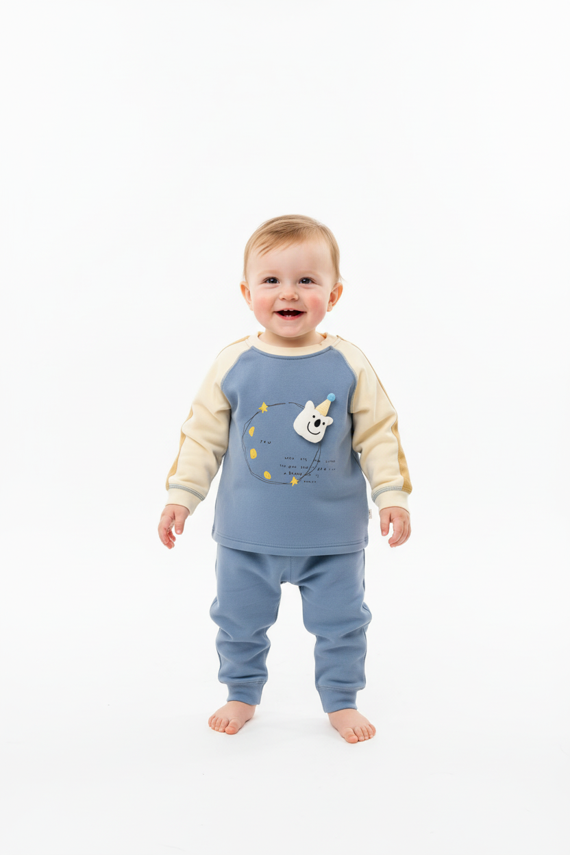 Kids Winter Romper - Blue & Beige Hooded Jumpsuit blue