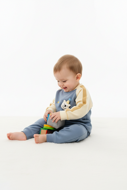 Kids Winter Romper - Blue & Beige Hooded Jumpsuit blue