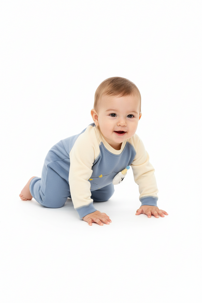 Kids Winter Romper - Blue & Beige Hooded Jumpsuit blue