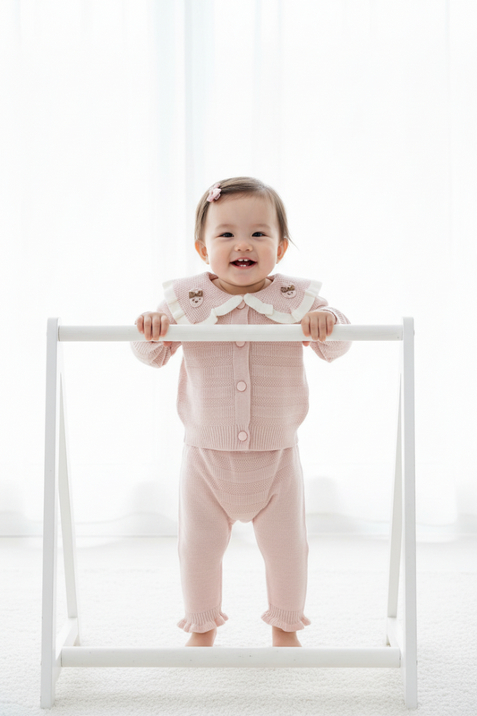 Kids Pink knit set with Bear Embellishments