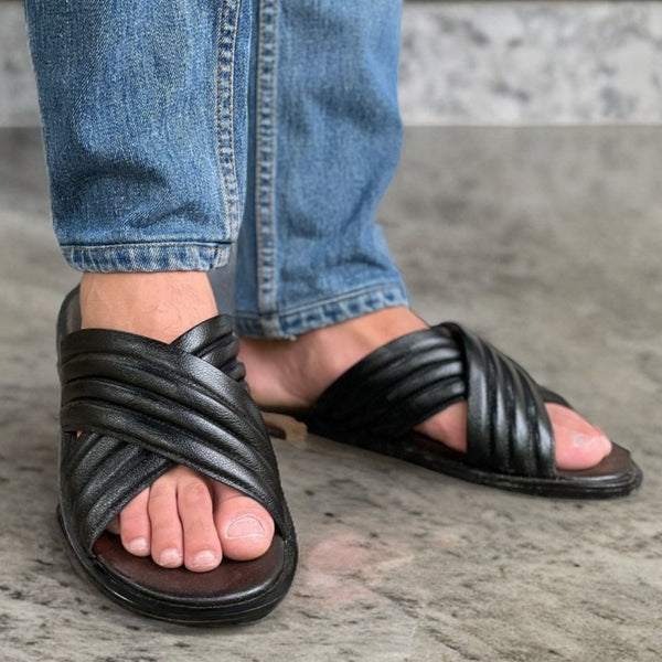 Ugur Hand Made LEATHER  Cross Black Chappal with Rubber sole