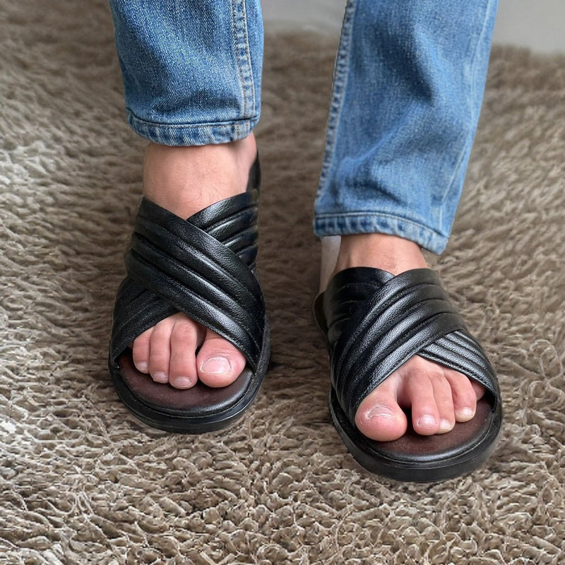 Ugur Hand Made LEATHER  Cross Black Chappal with Rubber sole