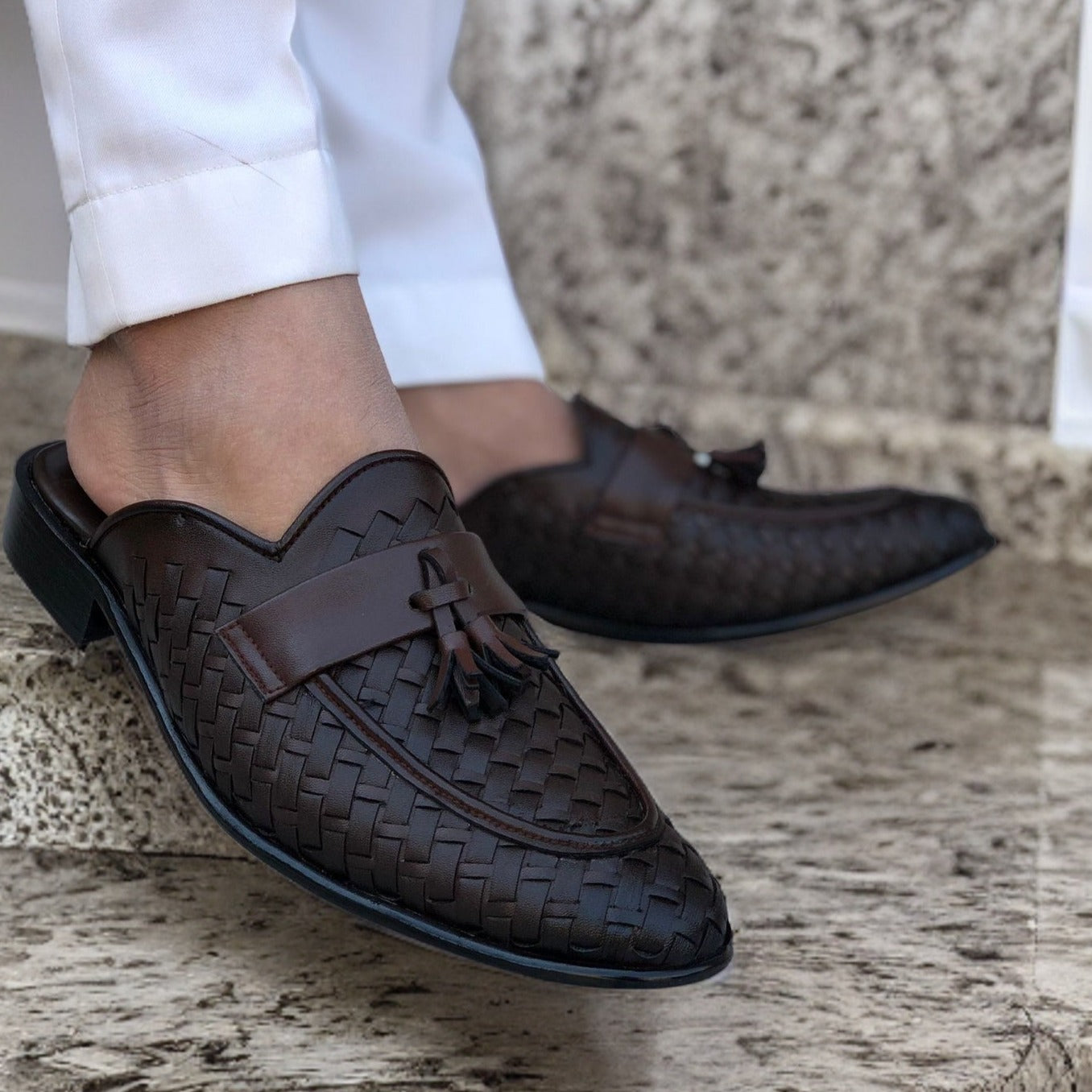 Ugur Hand Stitched Weave Backless Chappal Brown