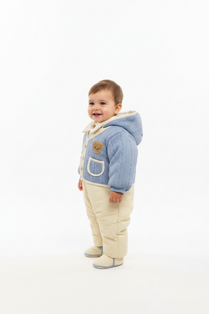 Kids Winter Romper - Blue & Beige Hooded Jumpsuit