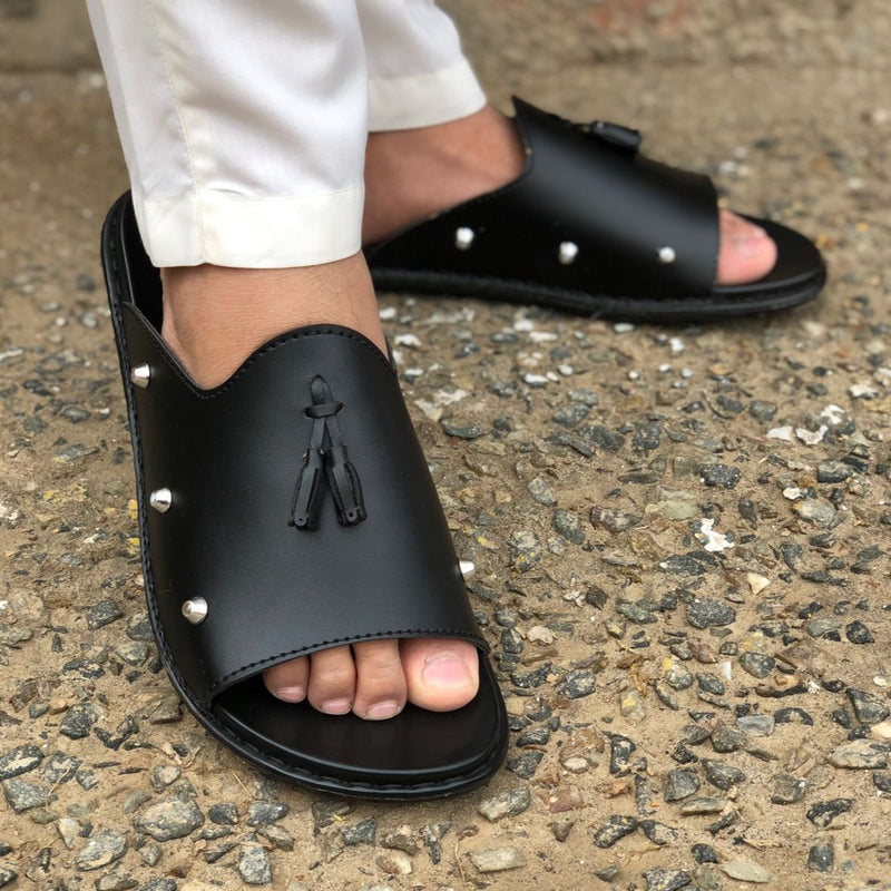 Ugur Hand Made Poxinio Tussled Black Chappal Peshawari chappal & sandals UGUR.PK 